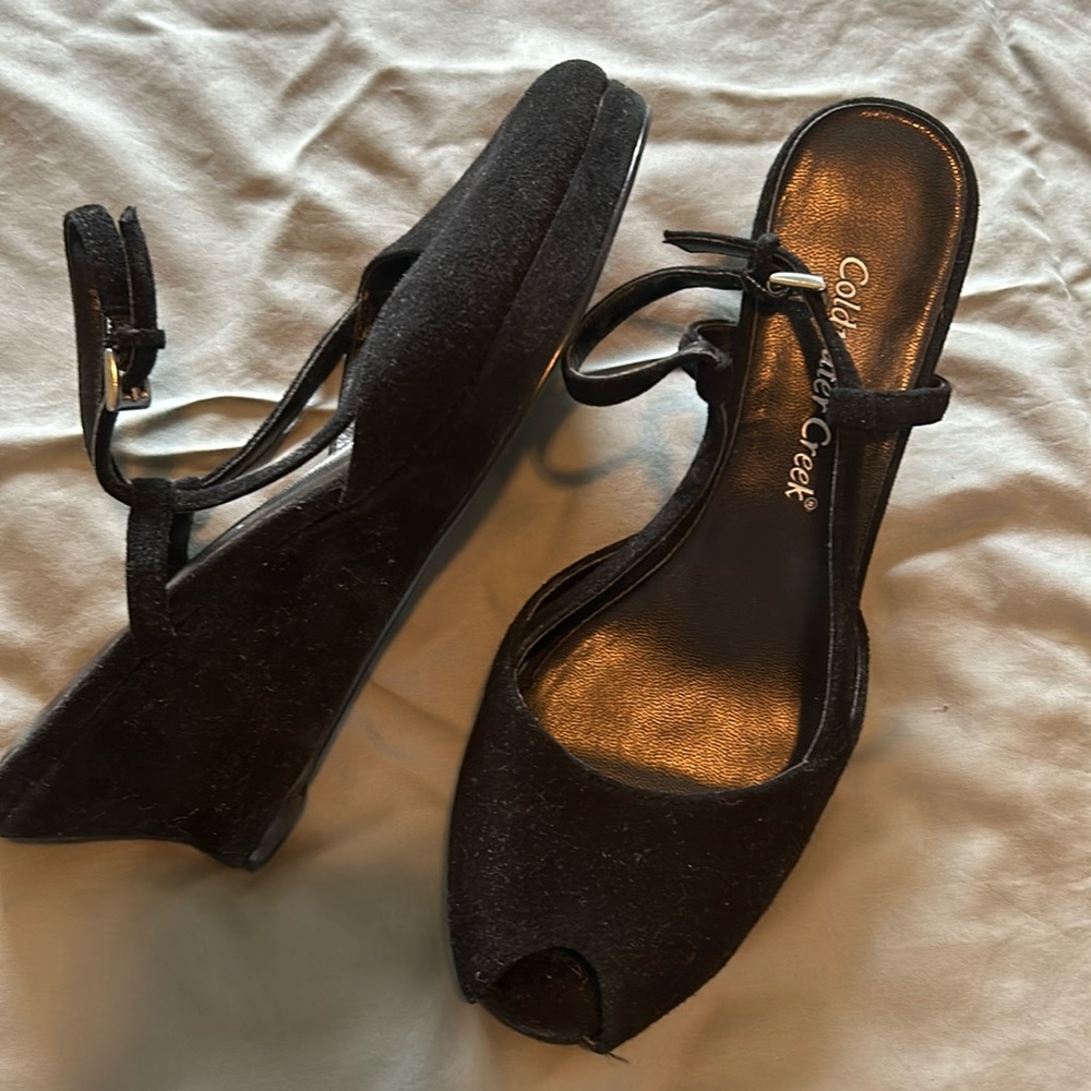 Velvet black peep toe wedge heel with sling back strap size 6.5